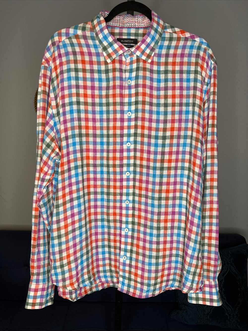 Men’s Bugatchi multicolored checkered  long sleeve button down Linen shirt XXL